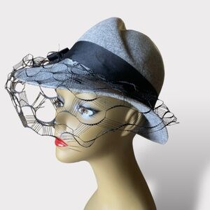 Doeskin 100% Wool Felt Hat with Sexy Off Center Crease Sheer Mesh Net Lace OS